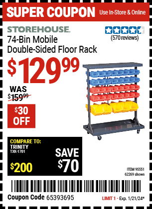 Buy the STOREHOUSE 74 Bin Mobile Double-Sided Floor Rack (Item 62269/95551) for $129.99, valid through 1/21/24.