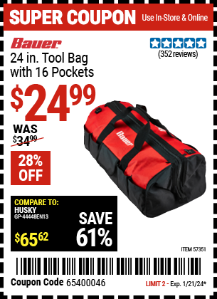 Buy the BAUER 24 in. Tool Bag with 16 Pockets (Item 57351) for $24.99, valid through 1/21/24.