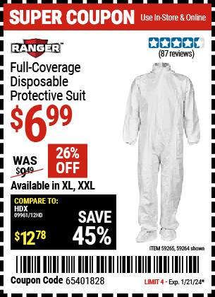 Buy the RANGER Full Coverage Disposable Protective Suit, X-Large (Item 59264/59265) for $6.99, valid through 1/21/24.
