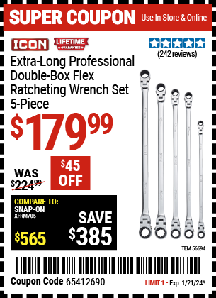 Buy the ICON Extra Long Professional Double Box Flex Ratcheting Wrench Set, 5-Piece (Item 56694) for $179.99, valid through 1/21/24.