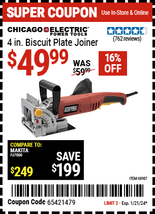 Buy the CHICAGO ELECTRIC 4 in. Biscuit Plate Joiner (Item 68987) for $49.99, valid through 1/21/24.