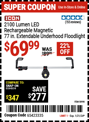 Buy the ICON 2100 Lumen 77 in. Extendable Underhood Rechargeable Floodlight (Item 58990) for $69.99, valid through 1/21/24.