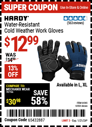 Buy the HARDY Touchscreen Compatible Cold Weather Work Gloves Large (Item 64364/64365) for $12.99, valid through 1/21/24.