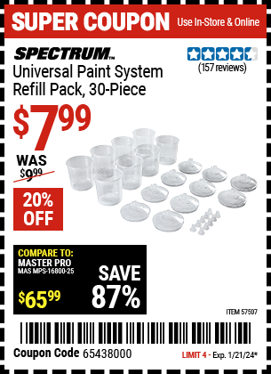 Buy the SPECTRUM Universal Paint System Refill Pack, 30 Piece (Item 57507) for $7.99, valid through 1/21/24.
