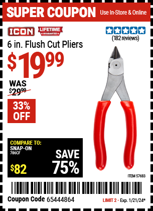 Buy the ICON 6 in. Flush Cut Pliers (Item 57683) for $19.99, valid through 1/21/24.