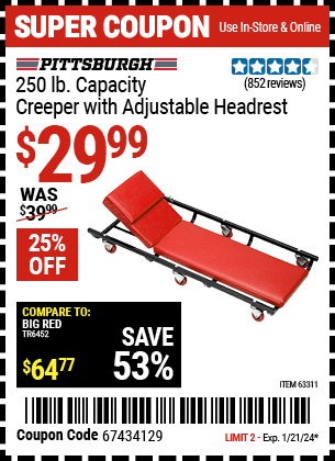 Buy the PITTSBURGH AUTOMOTIVE 250 Lbs. Capacity Heavy Duty Creeper With Adjustable Headrest (Item 63311) for $29.99, valid through 1/21/24.