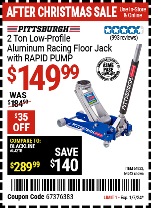 Buy the PITTSBURGH AUTOMOTIVE 2 Ton Aluminum Rapid Pump Racing Floor Jack (Item 64542/64833) for $149.99, valid through 1/7/2024.