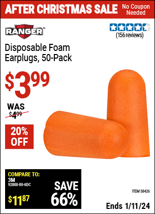 Buy the RANGER Disposable Foam Ear Plugs 50 Pk. (Item 58426) for $3.99, valid through 1/11/2024.