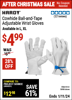 Buy the HARDY Cowhide Ball and Tape Adjustable Wrist Gloves, X-Large (Item 58988/59131) for $4.99, valid through 1/11/2024.