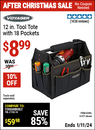 Buy the VOYAGER 12 in. Tool Tote with 18 Pockets (Item 61471/62485) for $8.99, valid through 1/11/2024.