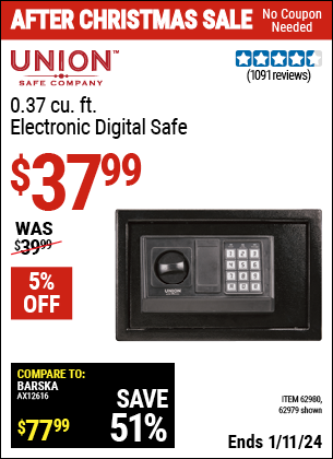 Buy the UNION SAFE COMPANY 0.37 Cubic ft. Electronic Digital Safe (Item 62979/62980) for $37.99, valid through 1/11/2024.