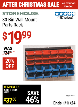 Buy the STOREHOUSE 30 Bin Wall Mount Parts Rack (Item 63151) for $19.99, valid through 1/11/2024.