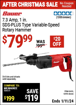 Buy the BAUER 1 in. SDS Variable Speed Pro Rotary Hammer Kit (Item 63443/63433) for $79.99, valid through 1/11/2024.