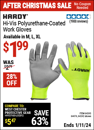 Buy the HARDY Touchscreen Hi-Vis Polyurethane Coated Work Gloves Large (Item 64242/64243/64474) for $1.99, valid through 1/11/2024.
