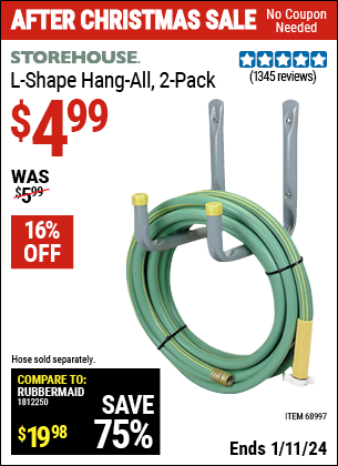Buy the STOREHOUSE L-Shape Hang-All 2 Pk. (Item 68997) for $4.99, valid through 1/11/2024.