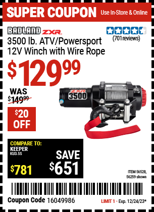 Buy the BADLAND ZXR 3500 lb. ATV/Powersport 12v Winch With Wire Rope (Item 56259/56528) for $129.99, valid through 12/24/2023.