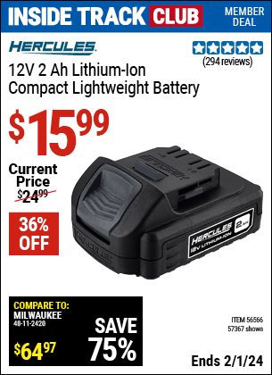 Coupons for HERCULES 12V 2.0 Ah Compact Lightweight Battery for $15.99