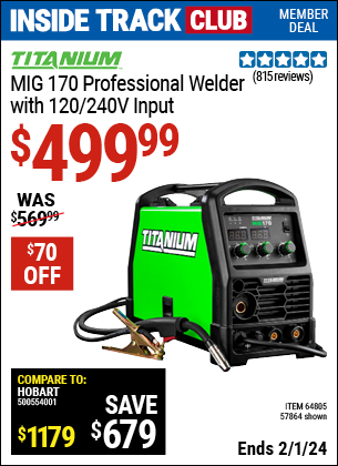 Inside Track Club members can buy the TITANIUM MIG 170 Professional Welder with 120/240 Volt Input (Item 57864/64805) for $499.99, valid through 2/1/2024.