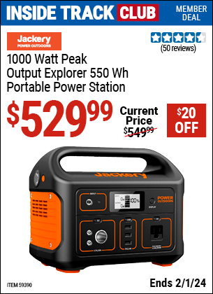 Inside Track Club members can buy the JACKERY 1000 Watt Peak Output Explorer 550Wh Portable Power Station (Item 59390) for $529.99, valid through 2/1/2024.