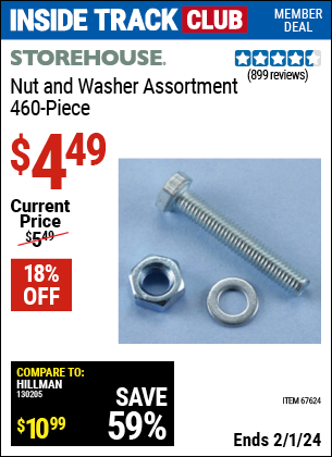 Inside Track Club members can buy the STOREHOUSE 460 Piece Nut and Washer Assortment (Item 67624) for $4.49, valid through 2/1/2024.