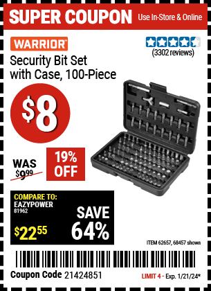 Buy the WARRIOR Security Bit Set with Case, 100 Pc. (Item 68457/62657) for $8, valid through 1/21/2024.
