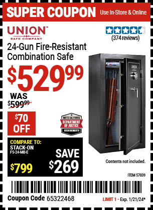 Buy the UNION SAFE COMPANY 24 Gun Fire Resistant Combination Safe (Item 57039) for $529.99, valid through 1/21/2024.