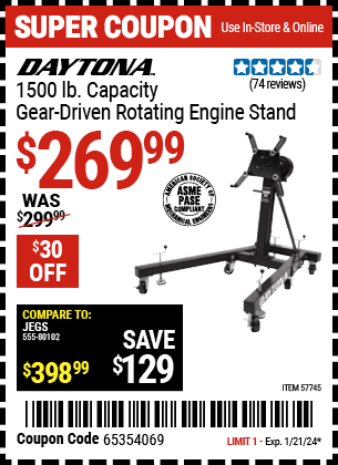 Buy the DAYTONA 1500 lb. Capacity Gear Driven Rotating Engine Stand (Item 57745) for $269.99, valid through 1/21/2024.