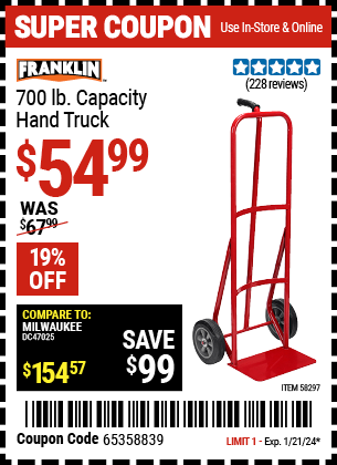 Buy the FRANKLIN 700 lb. Capacity Hand Truck (Item 58297) for $54.99, valid through 1/21/2024.