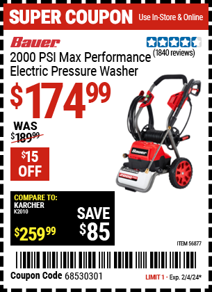 BAUER 2000 PSI Max Performance Electric Pressure Washer for
