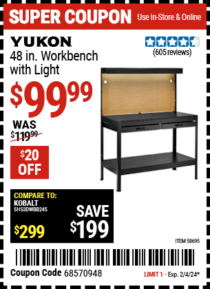 Buy the YUKON 48 in. Workbench with Light (Item 58695) for $99.99, valid through 2/4/2024.