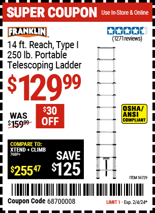 Buy the FRANKLIN Portable 14 ft. Telescoping Ladder (Item 56729) for $129.99, valid through 2/4/2024.