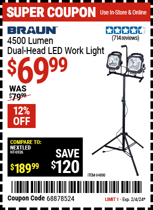 Buy the BRAUN 4500 Lumen Dual Head LED Work Light (Item 64800) for $69.99, valid through 2/4/2024.