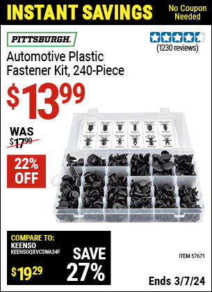 PITTSBURGH Automotive Plastic Fastener Kit for $13.99 – Harbor Freight  Coupons