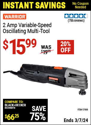 WARRIOR 2 Amp Variable-Speed Oscillating Multi-Tool for $15.99 – Harbor ...