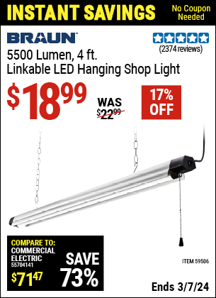 BRAUN 5500 Lumen 4 ft. Linkable LED Hanging Shop Light for 18.99