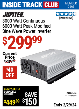 Inside Track Club members can buy the JUPITER 3000 Watt Continuous/6000 Watt Peak Modified Sine Wave Power Inverter (Item 57335/63430) for $299.99, valid through 2/29/2024.