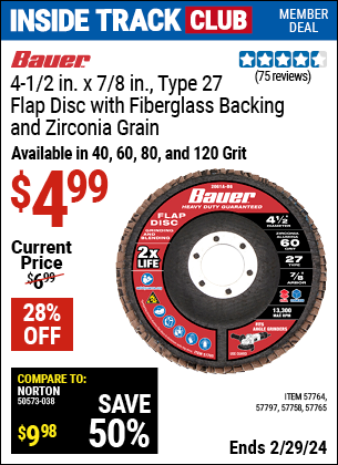 Inside Track Club members can buy the BAUER 4-1/2 in. Zirconia Type 27 Flap Disc (Item 57764/57758/57765/57797) for $4.99, valid through 2/29/2024.