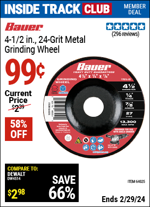 Inside Track Club members can buy the BAUER 4-1/2 in. 24 Grit Metal Grinding Wheel (Item 64025) for $0.99, valid through 2/29/2024.
