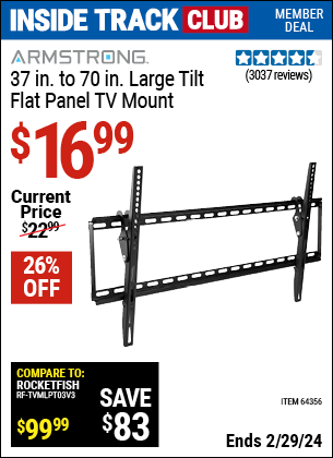 Inside Track Club members can buy the ARMSTRONG Large Tilt Flat Panel TV Mount (Item 64356) for $16.99, valid through 2/29/2024.