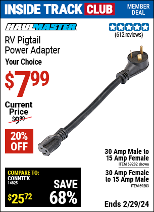 Inside Track Club members can buy the HAUL-MASTER 30 Amp Female to 15 Amp RV Pigtail Power Adapter (Item 69283/69282) for $7.99, valid through 2/29/2024.