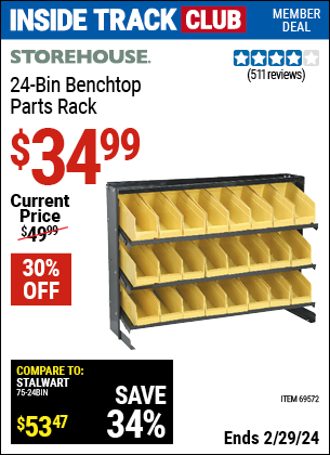 Inside Track Club members can buy the STOREHOUSE 24 Bin Bench Top Parts Rack (Item 69572) for $34.99, valid through 2/29/2024.