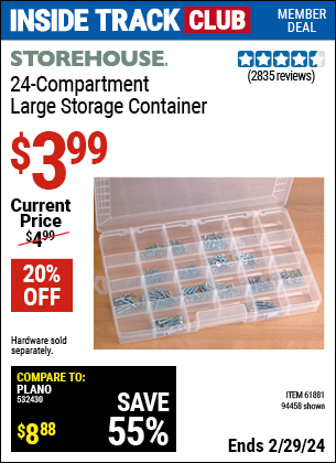 Inside Track Club members can buy the STOREHOUSE 24 Compartment Large Storage Container (Item 94458/61881) for $3.99, valid through 2/29/2024.
