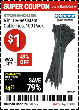 Buy the STOREHOUSE 5 in. Black Cable Ties 100 Pk. (Item 60254) for $1, valid through 2/18/2024.