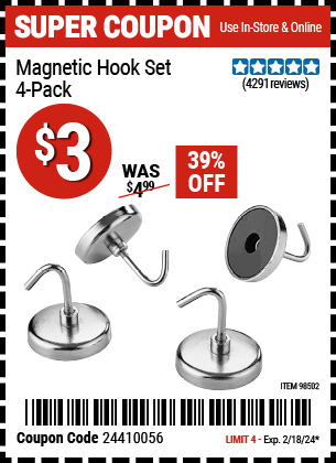 Buy the Magnetic Hook Set (Item 98502) for $3, valid through 2/18/2024.