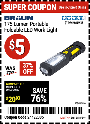 Buy the BRAUN Portable Folding LED Work Light (Item 63930) for $5, valid through 2/18/2024.