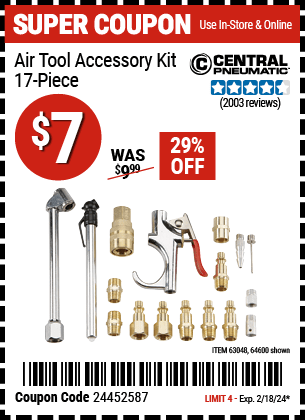 Buy the CENTRAL PNEUMATIC Air Tool Accessory Kit 17 Pc. (Item 64600/63048) for $7, valid through 2/18/2024.