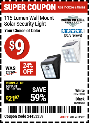 Buy the BUNKER HILL SECURITY Wall Mount Security Light (Item 56252/56330) for $9, valid through 2/18/2024.