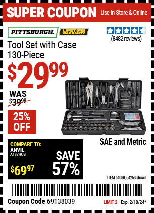 Buy the PITTSBURGH Tool Kit with Case (Item 64263/64080) for $29.99, valid through 2/18/2024.