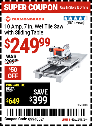 Buy the DIAMONDBACK 7 in. Heavy Duty Wet Tile Saw with Sliding Table (Item 64683) for $249.99, valid through 2/18/2024.