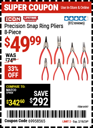 Buy the ICON Precision Snap Ring Pliers 8 Pc. (Item 64597) for $49.99, valid through 2/18/2024.